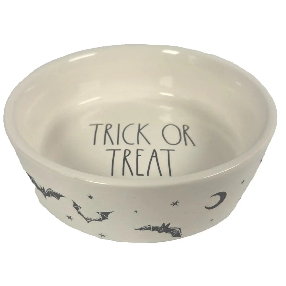 Rae Dunn Trick or Treat Halloween Pet Bowl 5 Inch Bats Moon Ceramic Magenta New